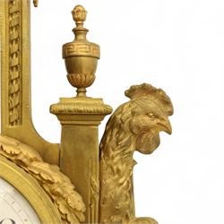 French- late 19th century cast brass and ormolu 8-day cartel wall clock, with a profusely decorated case comprising urn finials garland wreaths, ribbon bows and French cockerels, white enamel dial with minute track, Arabic numerals, garland swags and pierced gilt hands, twin train movement with a recoil anchor escapement and countwheel strike, striking the hours and half-hours on a bell. With pendulum and key.