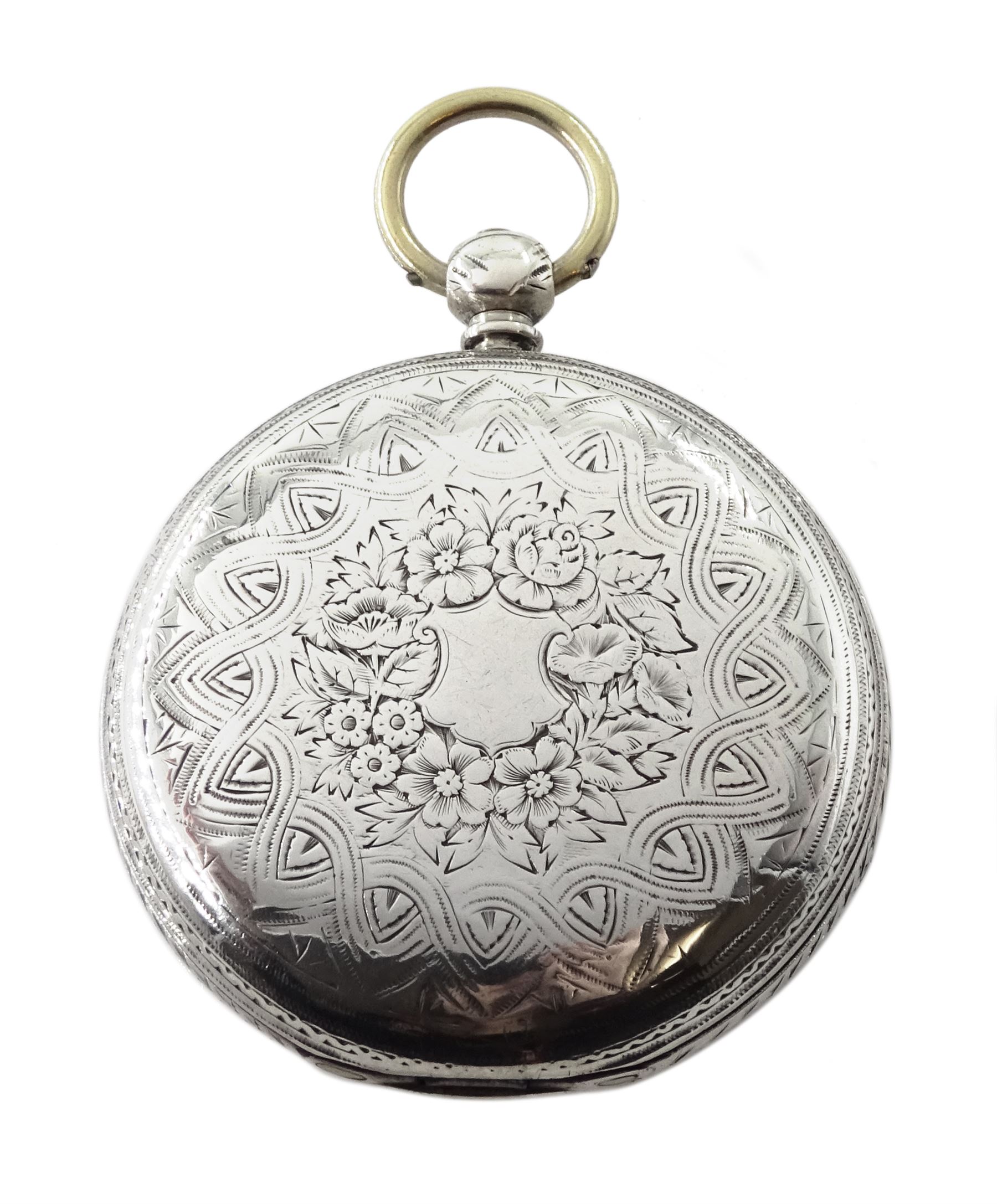 Victorian silver full hunter English lever fusee pocket watch, No. 31818, engraved balance cock with diamond endstone, white enamel dial with Roman numerals and subsidiary seconds dial, Fleur de Lys hands, engraved case by Henry Buckland, London 1868