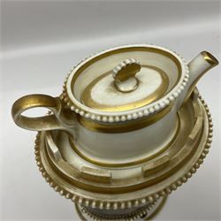 Two 19th century continental teapots and warmers, each teapot upon a cylindrical warming base, one in the form of a hexagon turret, the other hand painted with a figural plaque, largest H24cm