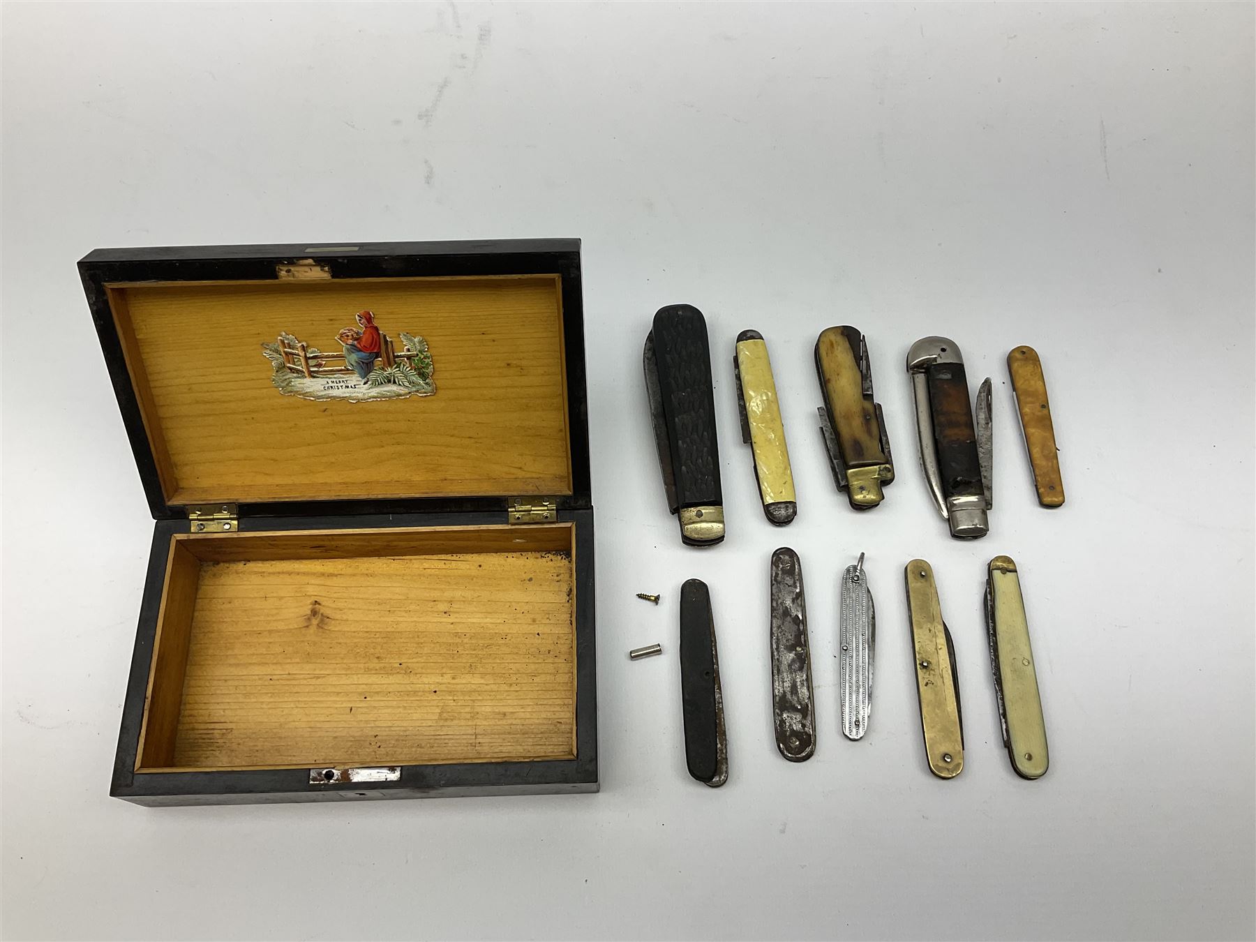 Veterinary fleams and other tools together with various veterinary books, including Hewthorn's Veterinary Guide, Farms and Farming - Vince, Veterinary Practice at Home, etc., and a collection of folding pocket knives, pen knives, hunting knife, etc.