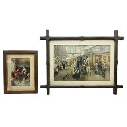 After Robert Alexander Hillingford, colour print 'Farewell Waterloo Station London 1897'; British troops are shown bidding farewell to their families at Waterloo Station, London, before boarding a train, possibly on their way to fight in the first Boer War in 1881; 41 x 65.5cm in varnished pitch pine cruciform frame; and an oak framed late Victorian colour print of a soldier in uniform at home playing a violin to his family (2)