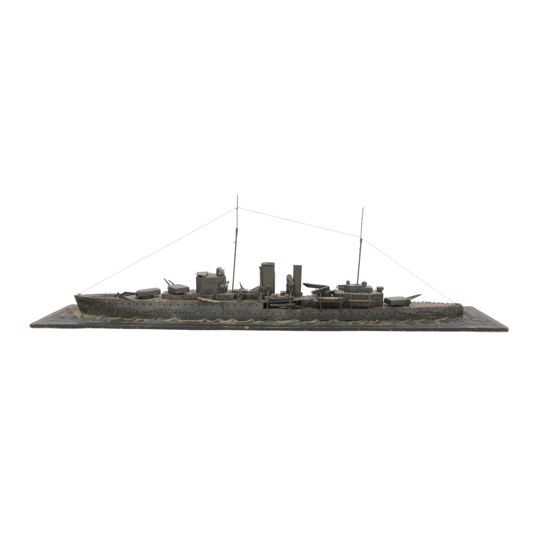 HMS Exeter, Waterline wartime metal model upon a wooden base, circa 1939-45, H24cm, L82cm  