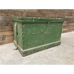 19th century green painted pine carpenters tool chest, mahogany lined fitted interior with adjustable sliding fitted compartments