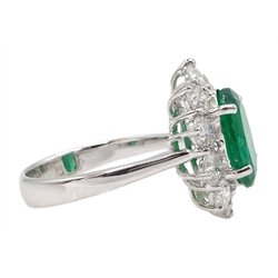  White gold oval emerald and round brilliant cut diamond ring, stamped 750, emerald approx 2.80 carat, diamond total weight approx 1.50 carat [image code: 1mc]  