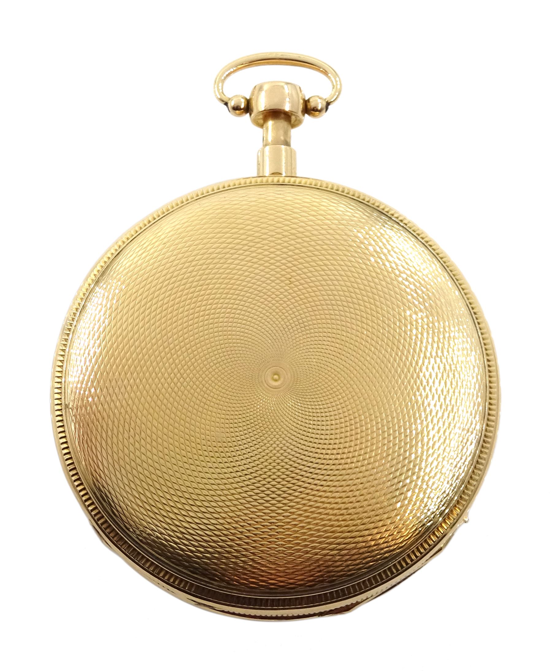 19th century French 18ct gold open face key wound musical repeating cylinder pocket watch, circa 1820, movement not signed, the gilt metal dust cover spuriously signed 'Musique Breguet A Paris No.3205', gilt dial with Roman numerals, plunge repeat in the pendant, engine turned back case 