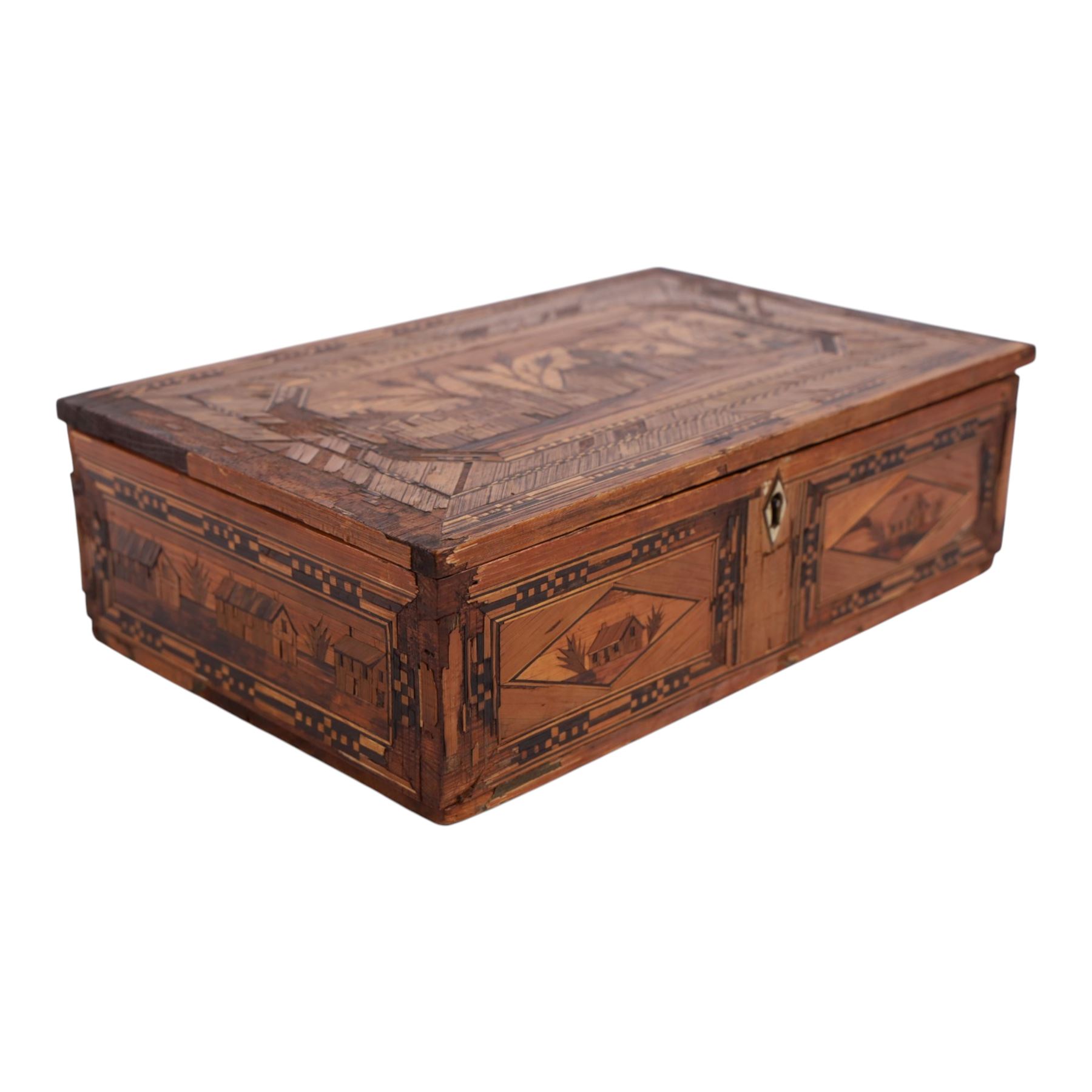Napoleonic prisoner of war straw work box, the exterior with panels of buildings in geometric borders, the interior of the hinged lid opening to reveal two compartments with hinged covers decorated with flowers, H8cm, D16cm