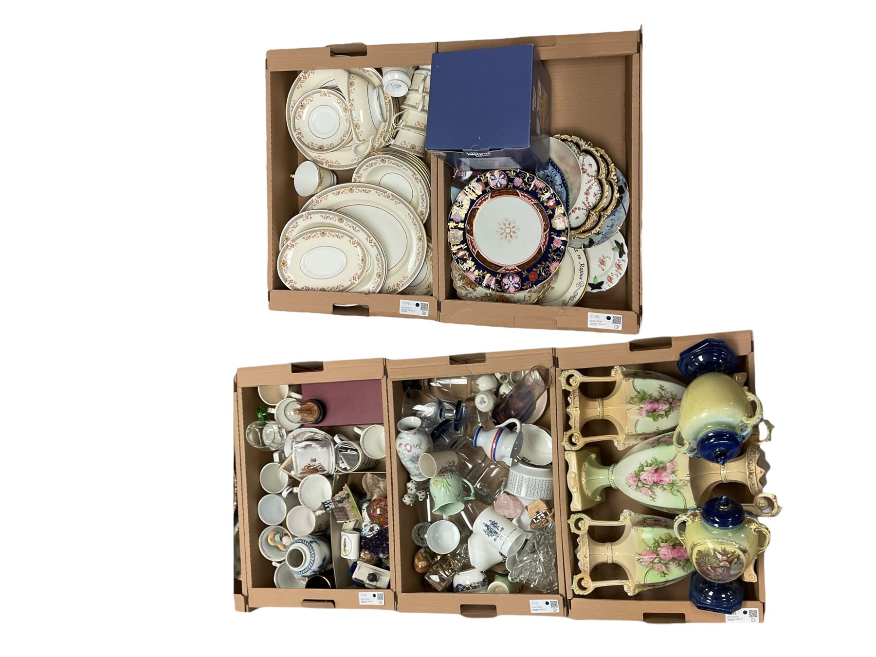 Large collection of cermaincs including Aynsley part dinner service, togehter with boxed Lilliput lane, in five boxes  