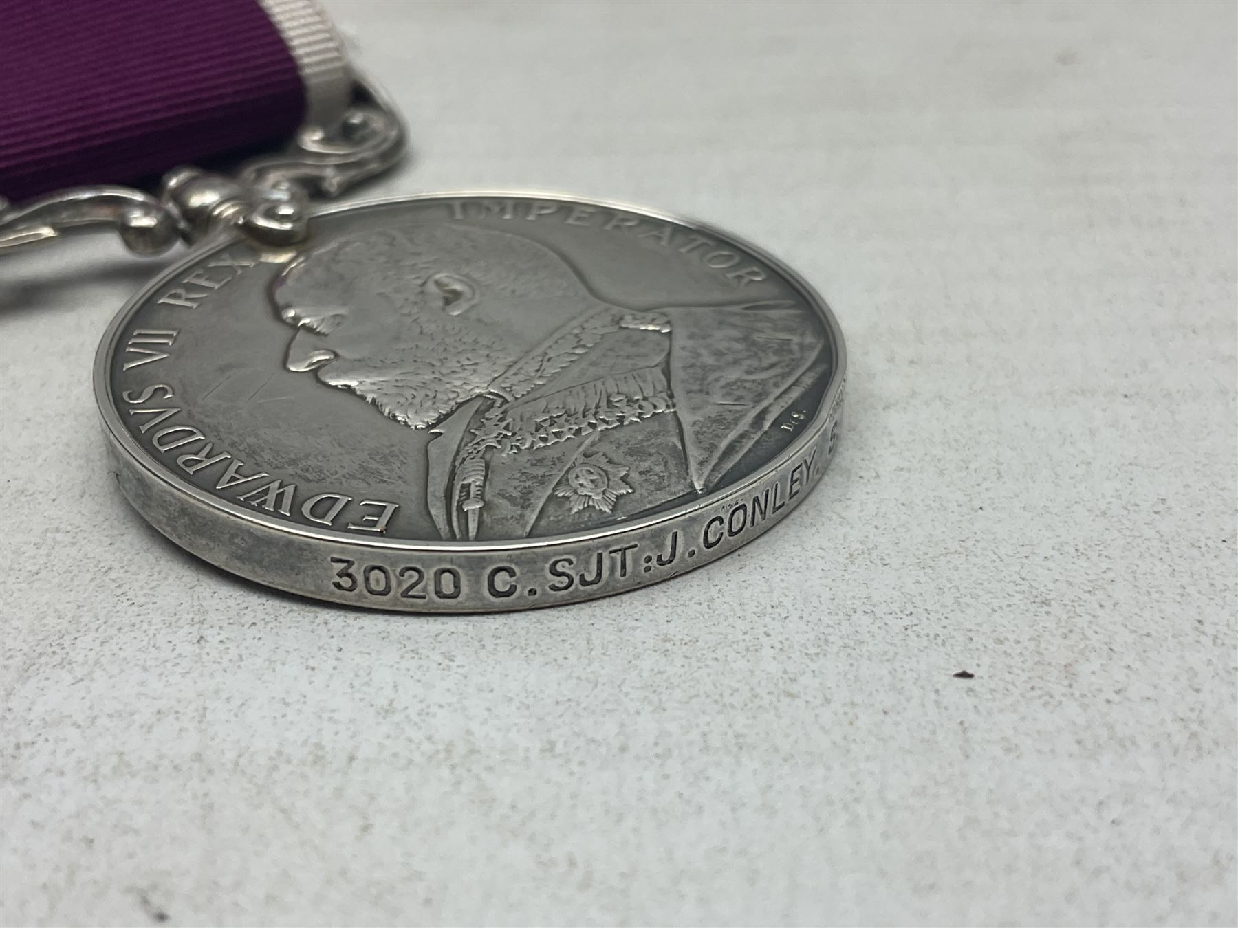 Edward VII Army Long Service and Good Conduct Medal awarded to 3020 C. Sjt. J. Conley S. Lanc. Regt.; with ribbon; some biographical details