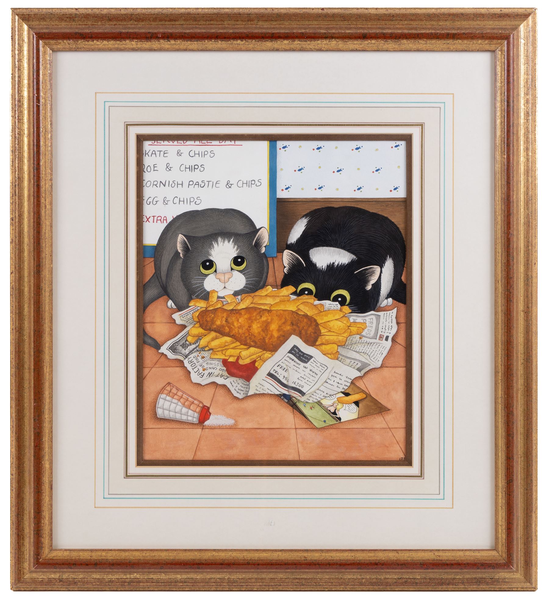Linda Jane Smith (British 1962-): Fish and Chips for Supper!, gouache signed with initials, Halcyon Gallery label verso 29.5cm x 24cm 