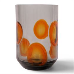 Whitefriars cylindrical vase in smoky brown with orange applied spots designed by Geoffrey...