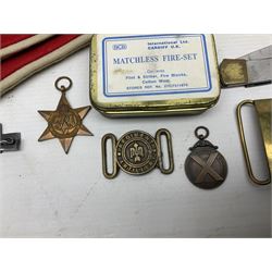 Miscellaneous militaria including two Royal Artillery and one Royal Horse Artillery stable belts; Northamptonshire Regiment trench art brass shell case lighter; unused Matchless Fire-Set; pocket knives and multi-tool; lanyards; oak shield with York & Lancaster crest etc