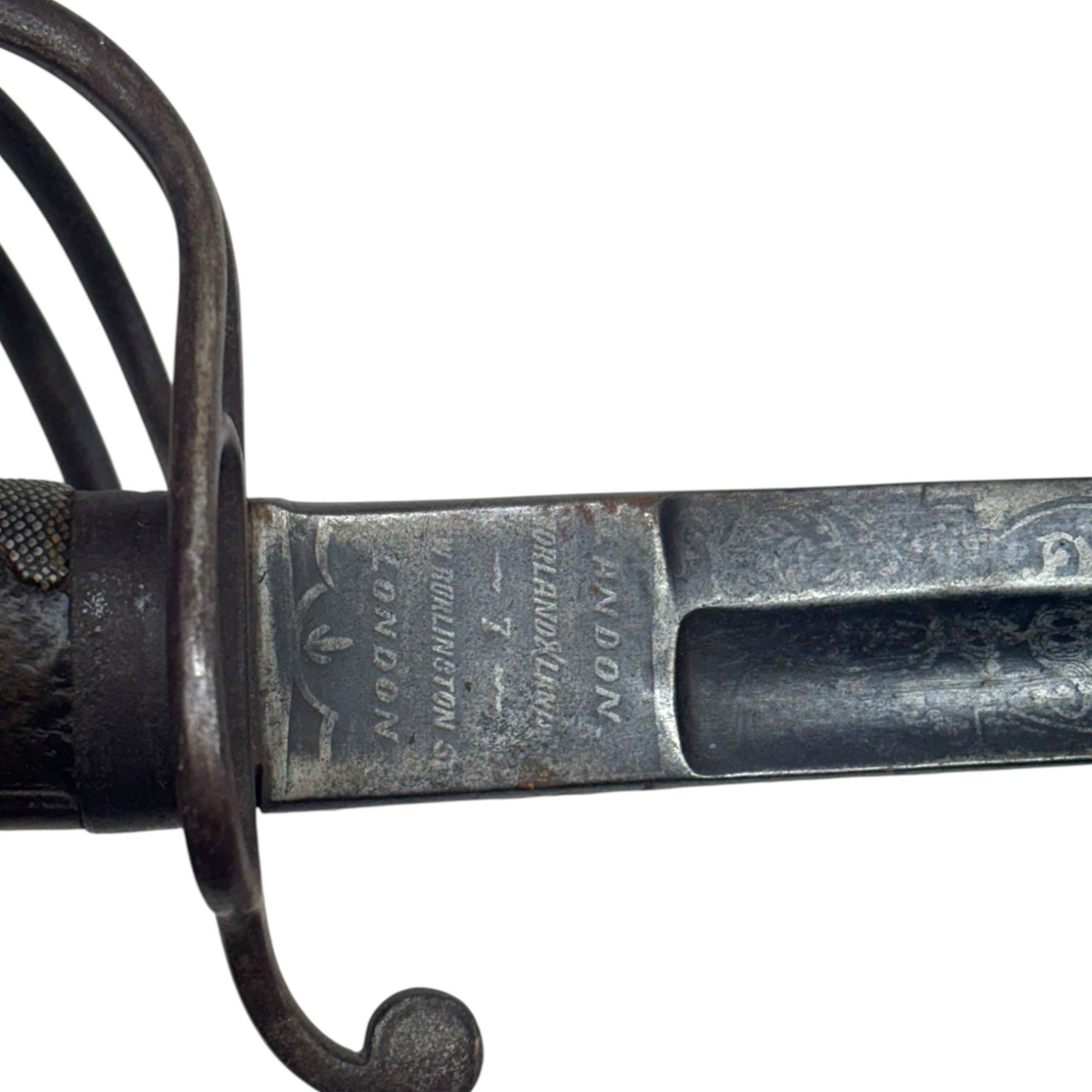 Victorian officer's sword by Landon & Morland Burlington St, London, with 82cm steel blade, wirebound fishskin grip, chequered backstrap and stepped domed pommel, overall L96cm