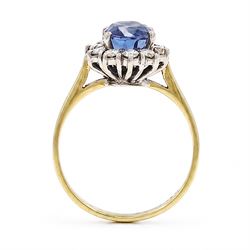18ct gold sapphire and diamond cluster ring, oval cut sapphire of approx 1.50 carat, surrounded by ten round brilliant cut diamonds, Birmingham import mark 1981, total diamond weight approx 0.30 carat