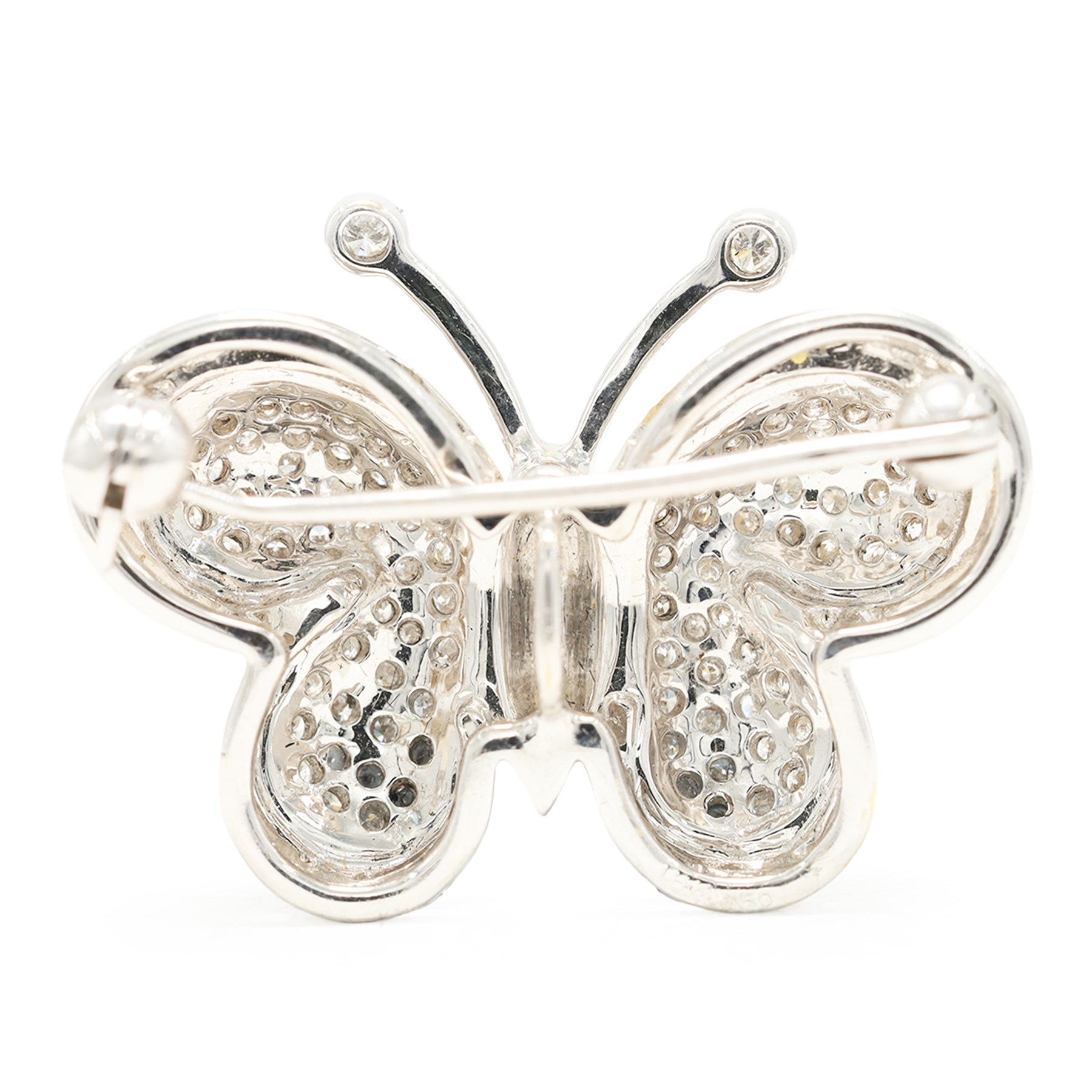 18ct white gold diamond butterfly brooch, pave set with round cut diamonds, stamped 750
