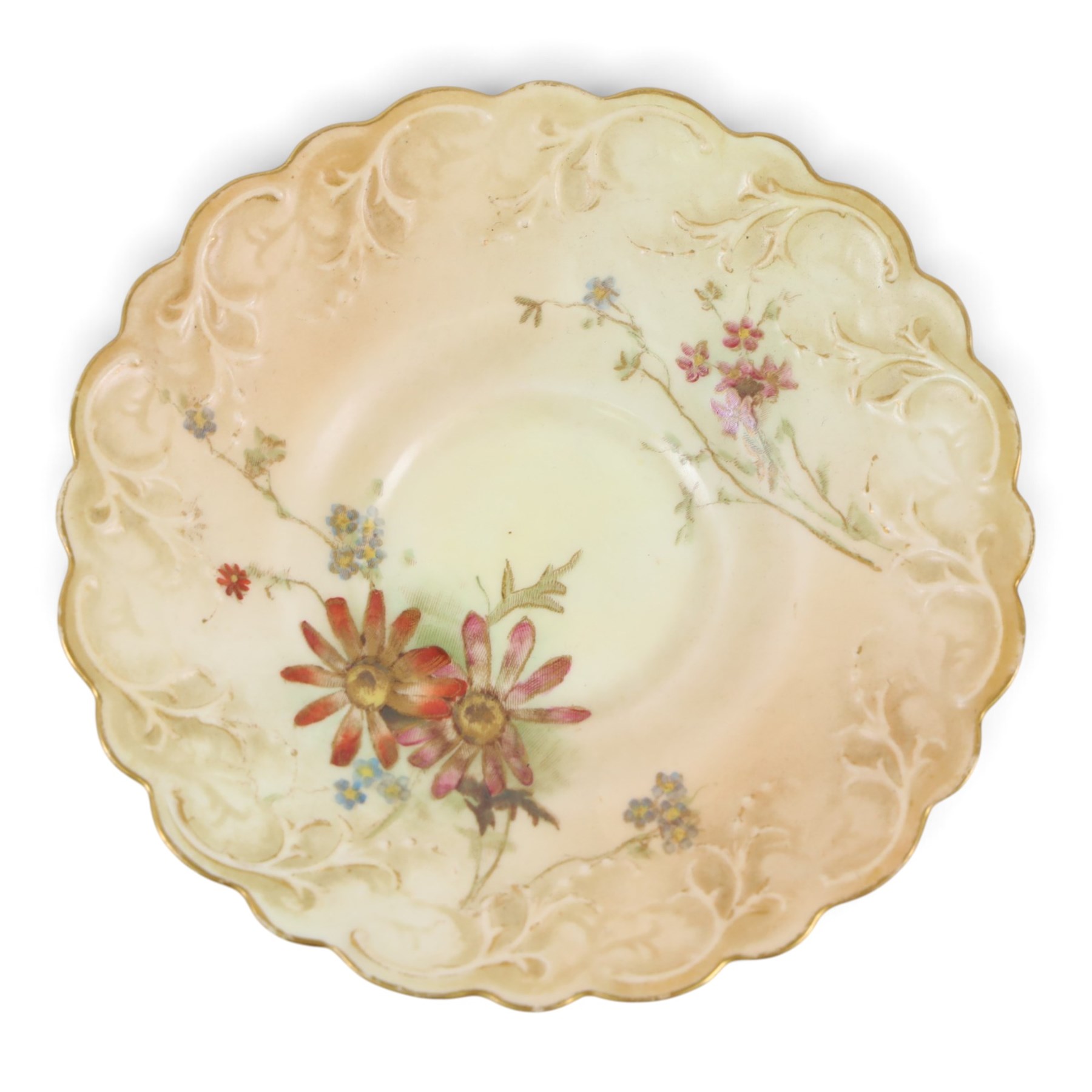 Royal Worcester blush ivory, including miniature teapot, two miniature tygs, two teacups and saucer and three miniature plates, teapot H8cm