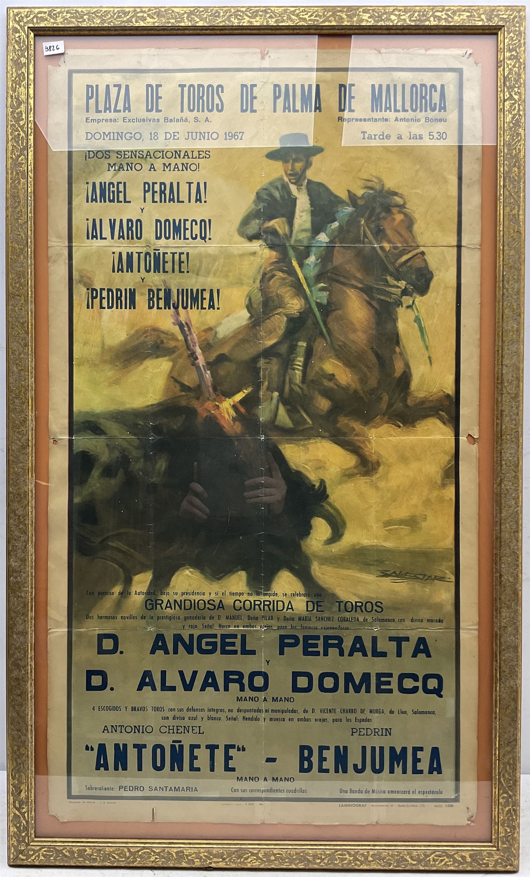 Plaza de Toros de Palma de Mallorca, original bull fighting poster, dated 18th June 1967, 97cm x 54cm, framed and glazed