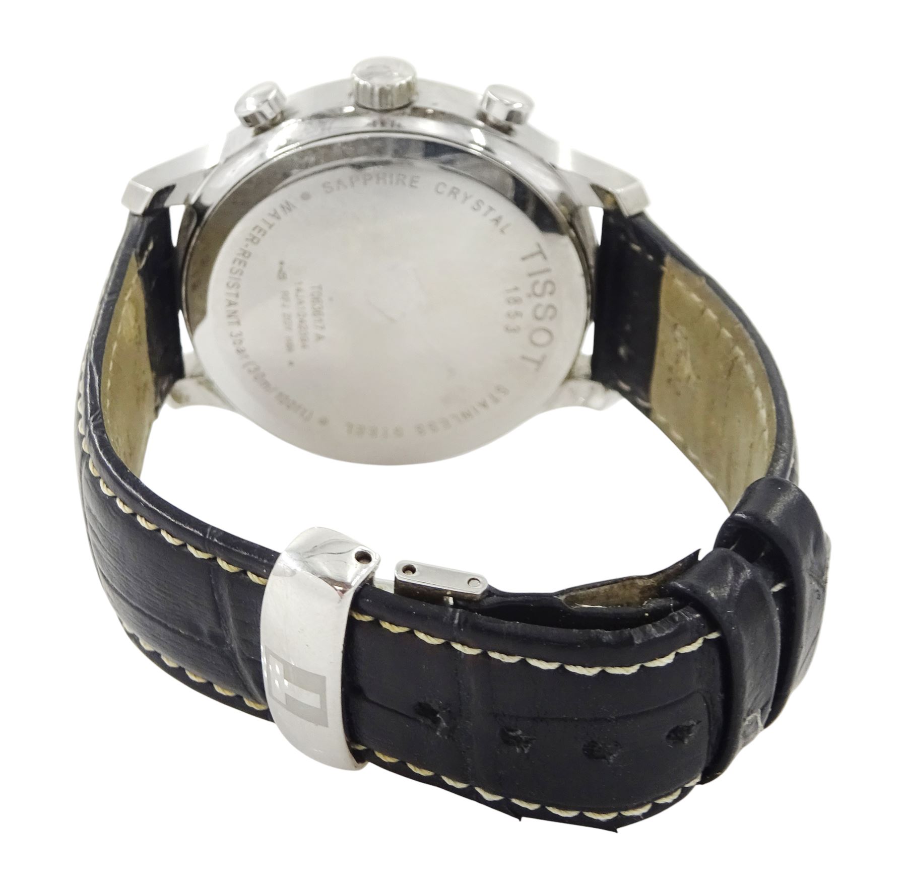 Tissot Traditional gentleman's stainless steel chronograph quartz wristwatch, Ref. T063617A, black dial with dagger hour markers and date aperture, on black leather strap with stainless steel fold-over clasp, boxed with warranty card dated 2016