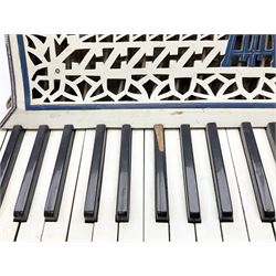 Italian Lambardi piano accordion in ivory coloured pearline case with jewelled decoration, twenty keys and one-hundred and twenty buttons L 37cm