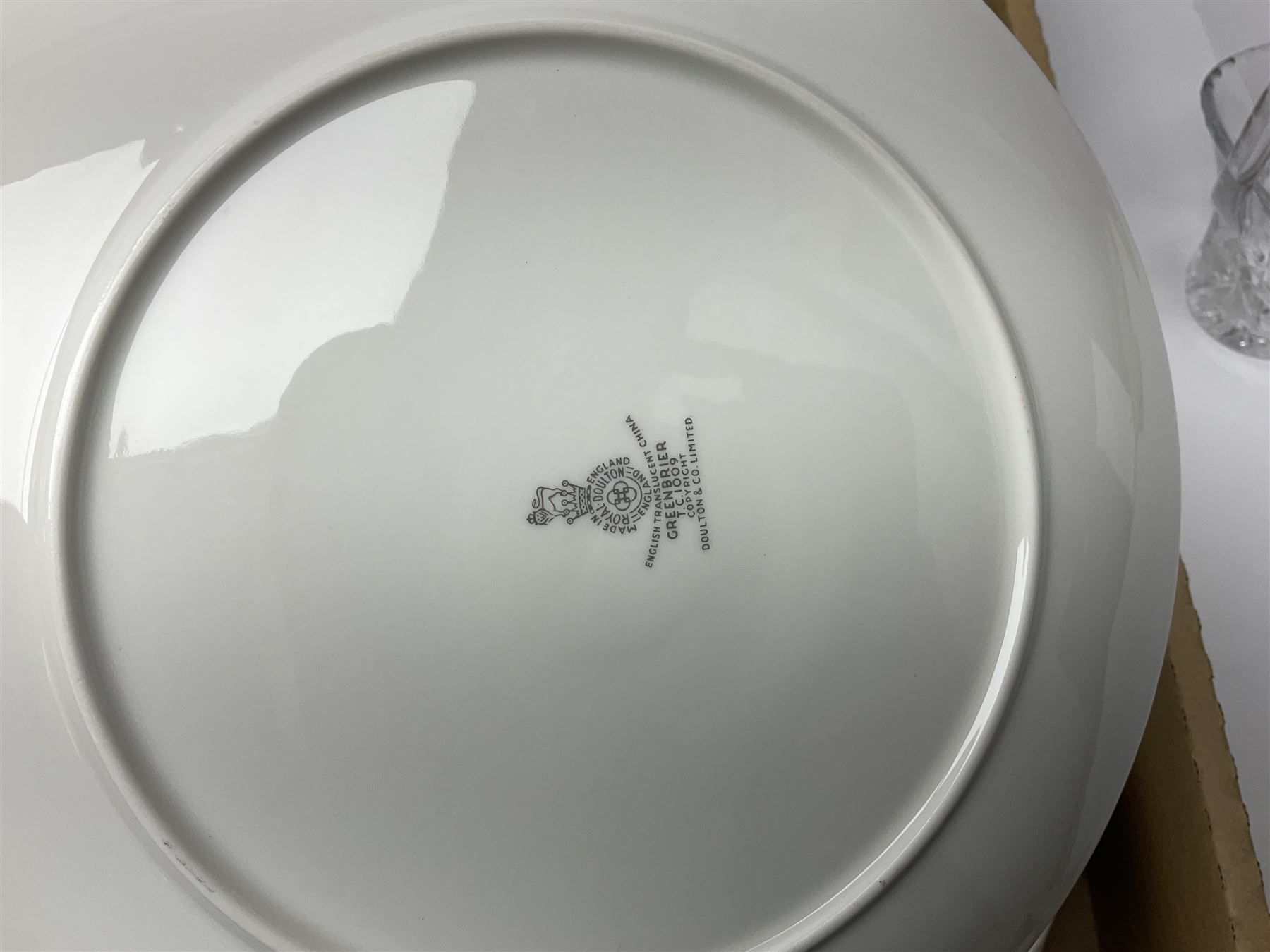 Royal Doulton Greenbrier pattern tea wares, together with a collection of porcelain flowers, Murano style coloured glass bowls, other ceramics and glassware, in four boxes 