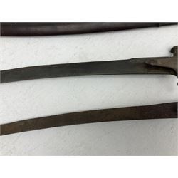 Late 19th/early 20th century Indian Tulwar sword with 81cm plain curving steel blade and iron hilt with extended langets, knucklebow and spiked pommel; in leather covered scabbard L100cm overall; and another Tulwar lacking scabbard in almost relic condition (2)