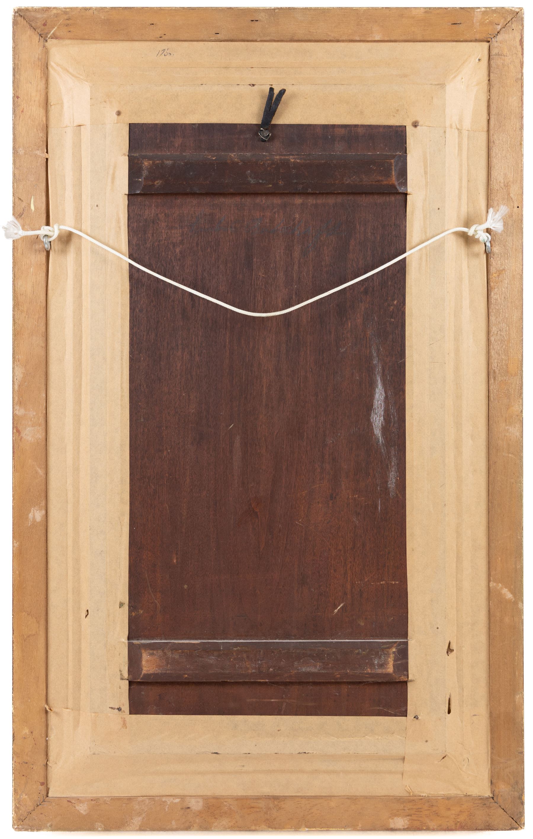 Manner of Hans Zatzka (Austrian 1859-1945): Lady and Cherub in Moonlit Garden, oil on panel indistinctly inscribed, 49cm x 24cm 