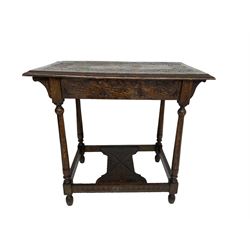 Victorian ecclesiastical oak side table, rectangular top carved with triangular lunettes, on stretcher base