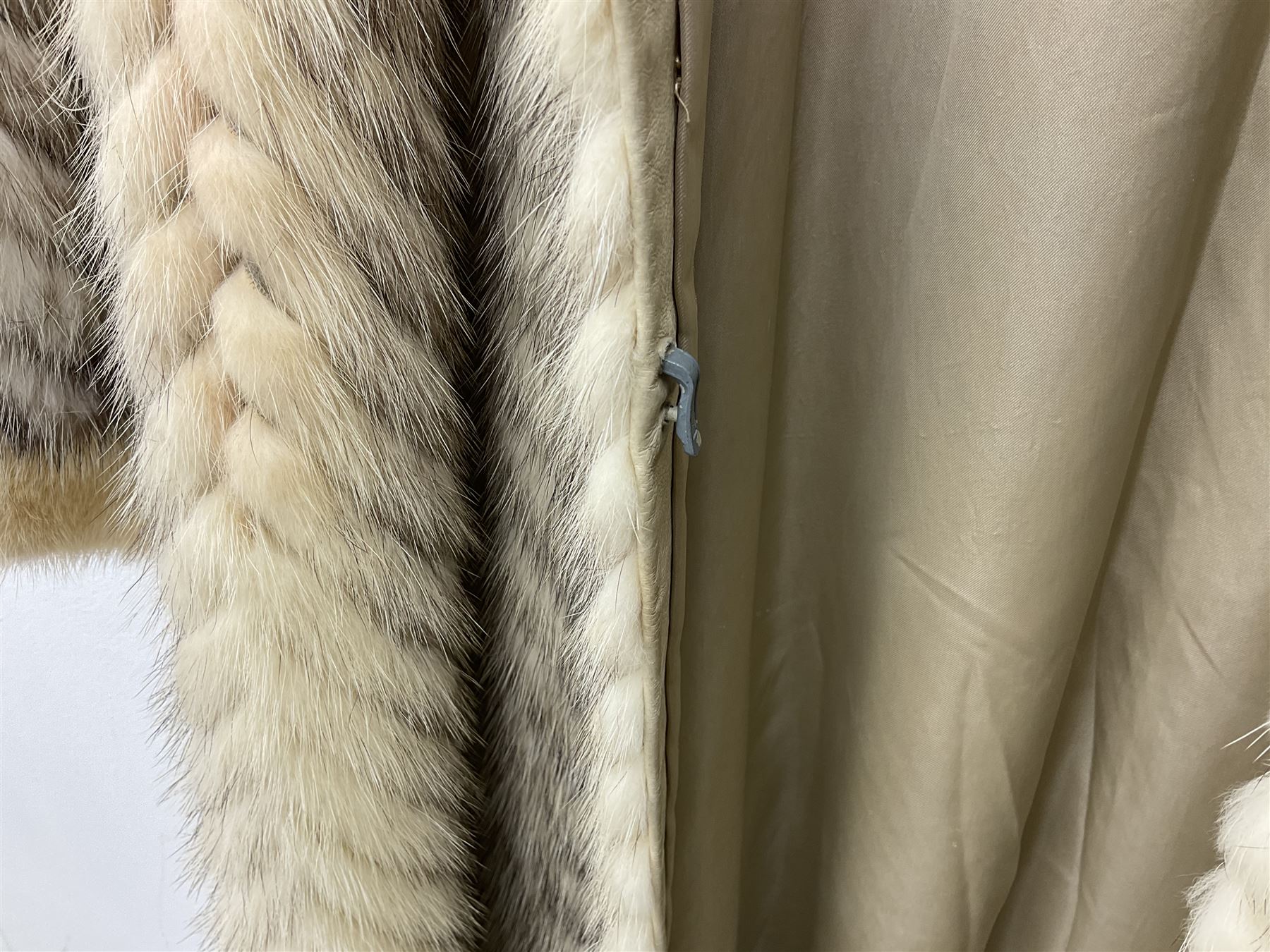 Saga mink full length fur coat, with chevron patterning to sleeves and body, with label to lined interior, approx size 12