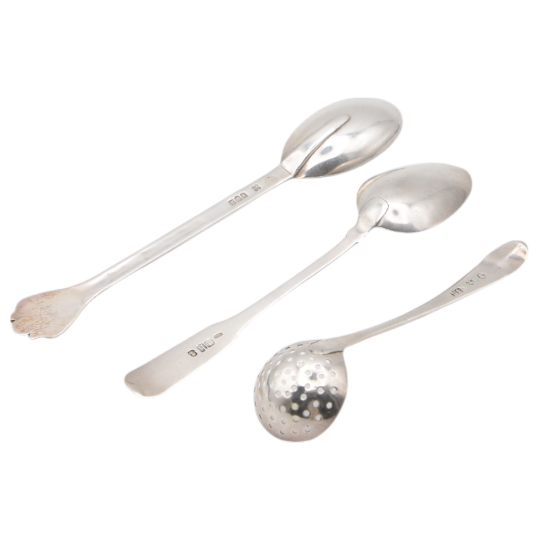 Late 20th century Scottish silver Arts and Crafts style trifid teaspoon with oval rattail bowl, with chased decoration to stem, hallmarked Isle of Mull Silver Co, Edinburgh 1986, together with two Scottish provincial silver spoons, comprising spice lifter, hallmarked William and Patrick Cunningham, Edinburgh and a Fiddle pattern teaspoon, hallmarked William Hannay, Paisley, C1837, both with engraved crests/initials