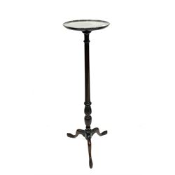 Early 20th century mahogany plant stand, carved central column, raised on three cabriole supports 