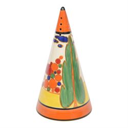 Wedgwood Bizarre by Clarice Cliff, four Conical Sugar shakers, comprising May Avenue, Trees and House, Sliced Circle and Orange Roof Cottage, all with certificates and boxes 