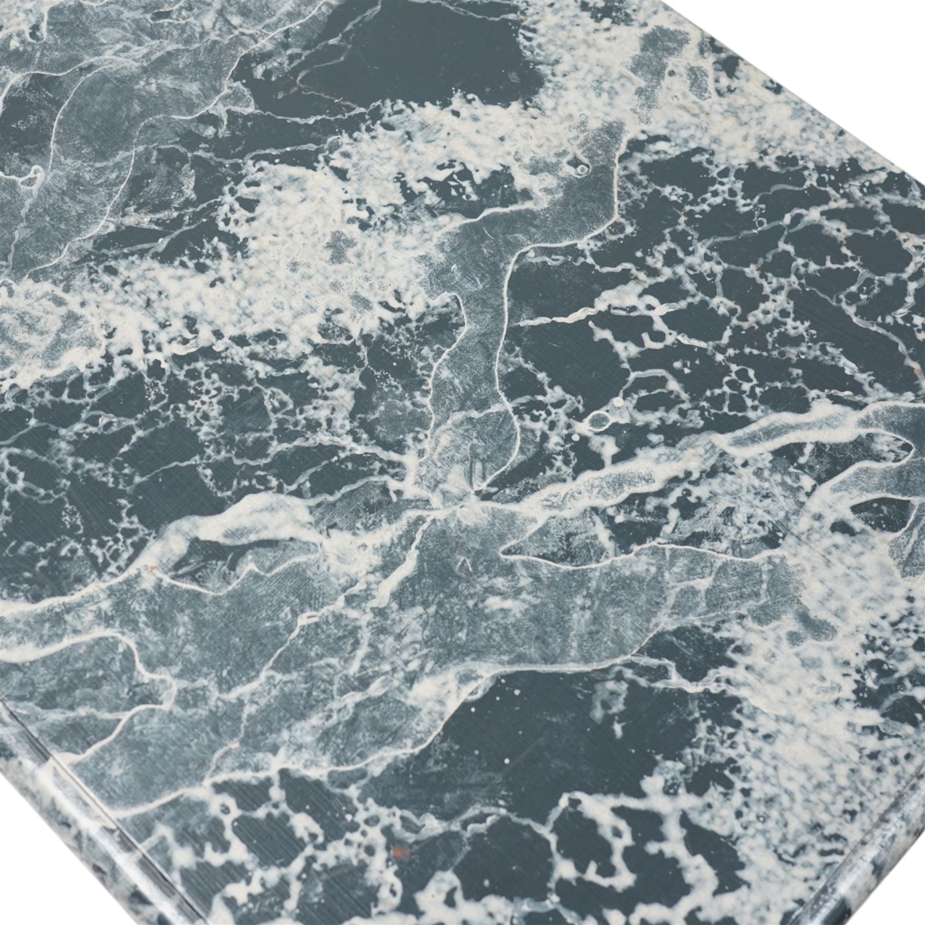 19th century mahogany side table, moulded rectangular top with simulated marble finish, ogee moulded frieze fitted with two drawers, rectangular and supports on scroll carved feet united by flat stretcher 