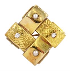 Early 20th century 18ct gold old cut diamond and split pearl basket weave brooch, stamped 18c