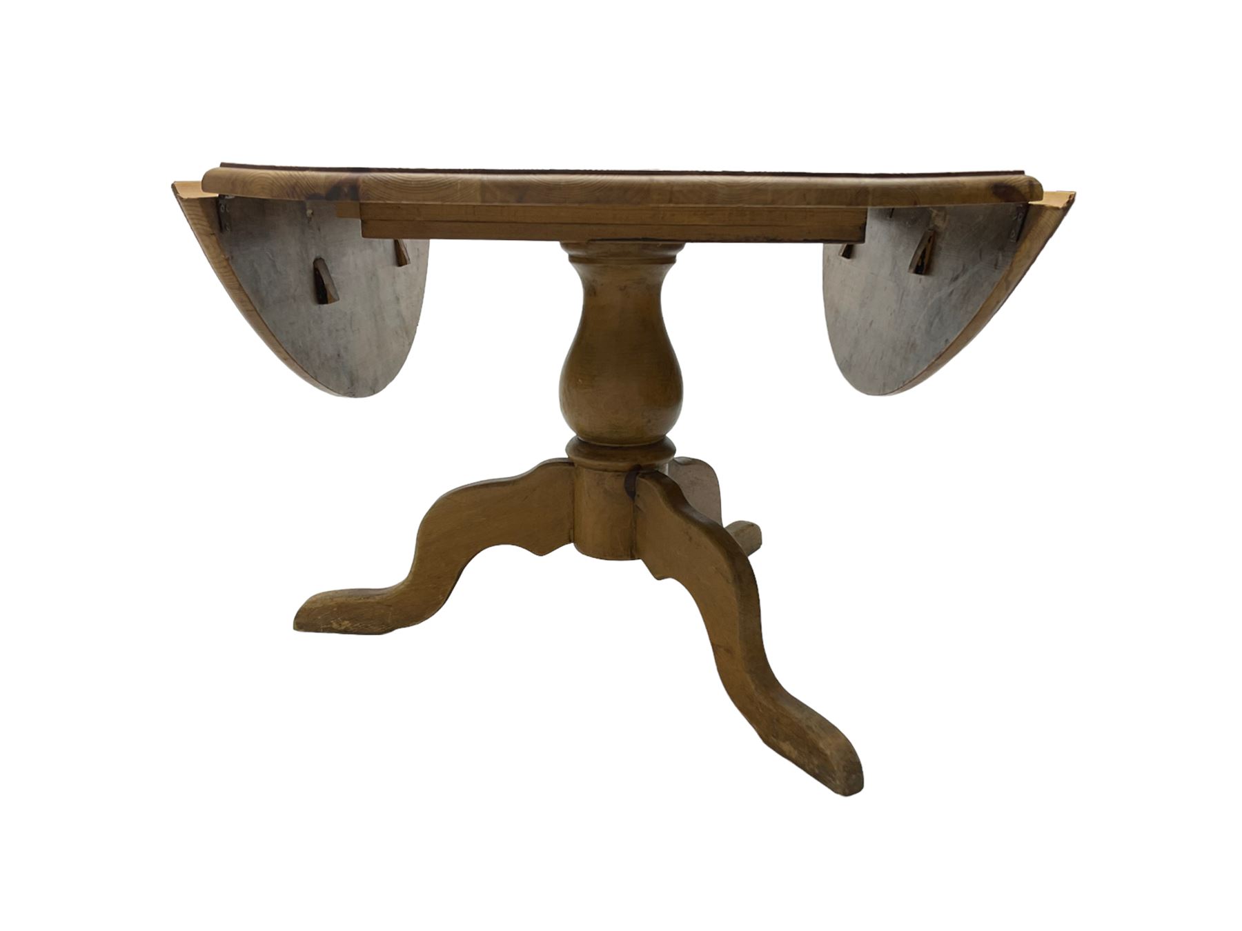 Pine drop-leaf dining table, circular top on vasiform pedestal vase with tripod cabriole supports