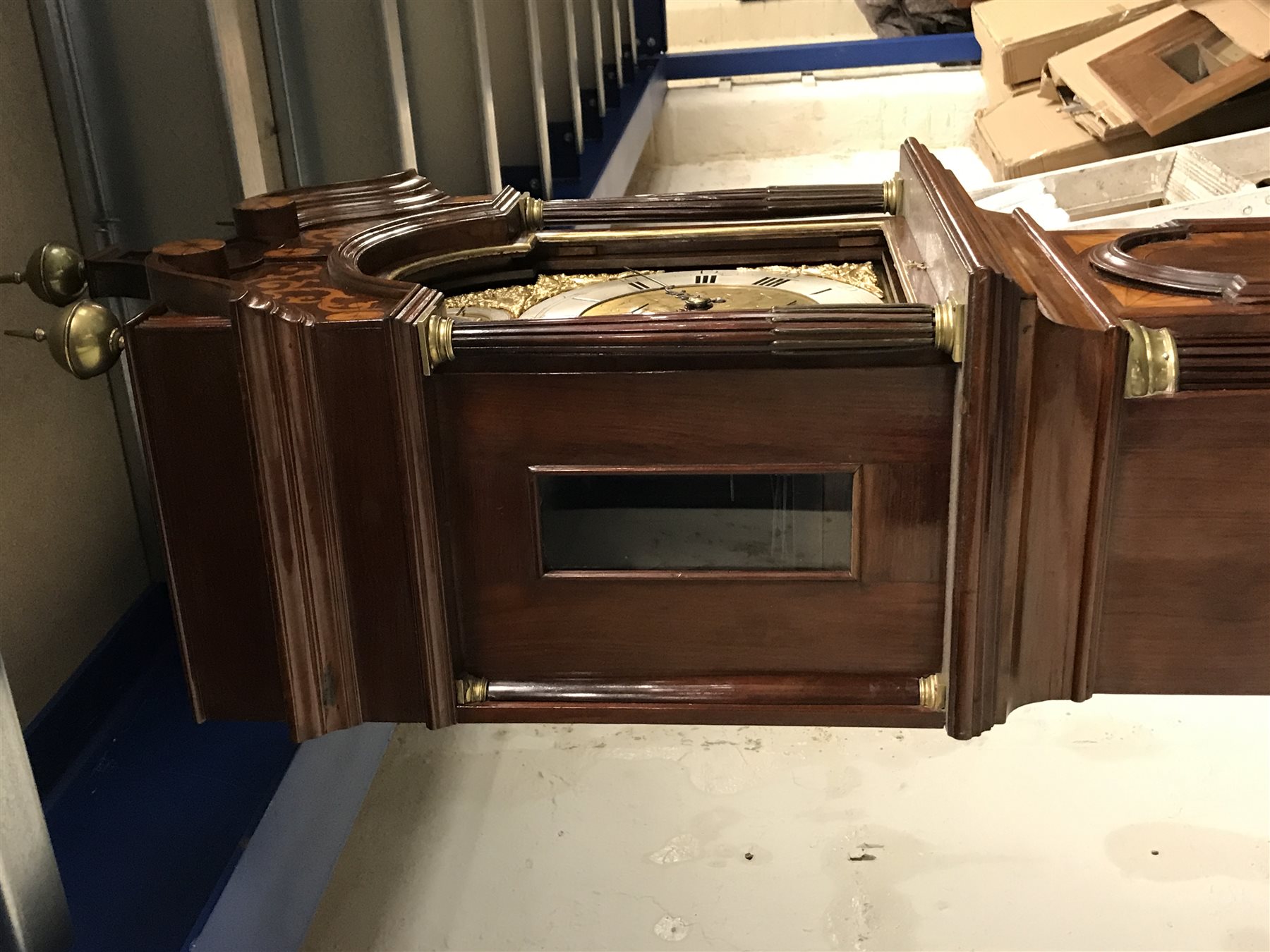 Early 19th century inlaid and cross banded mahogany London style longcase clock, brass arched dial, Roman and Arabic numerals, second and month subsidiary, lattice spandrel, eight day movement, automatic night time silent and strike mode, H242cm (two weights and pendulum)