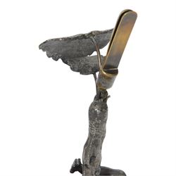 19th century silver plated desk holder, the circular naturalistically modelled base cast with fruiting vines and with applied figure of a ram, rising to a vine with two leaves, and initialled brass clip, H18cm