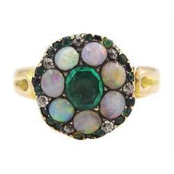 19th century 14ct gold emerald, opal and old cut diamond cluster ring, the principal oval cut emerald, with opal, diamond and emerald surround