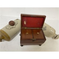 sarcophagus shaped tea caddy with bun feet, together with two stone hot water bottles, caddy H17cm 