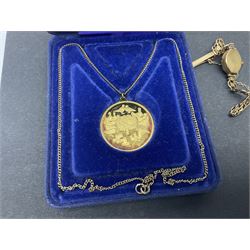 9ct gold cased wristwatch, with 9ct gold strap, 9ct gold stone set ring and silver jewellery including gilt coin pendant necklace and stone set ring