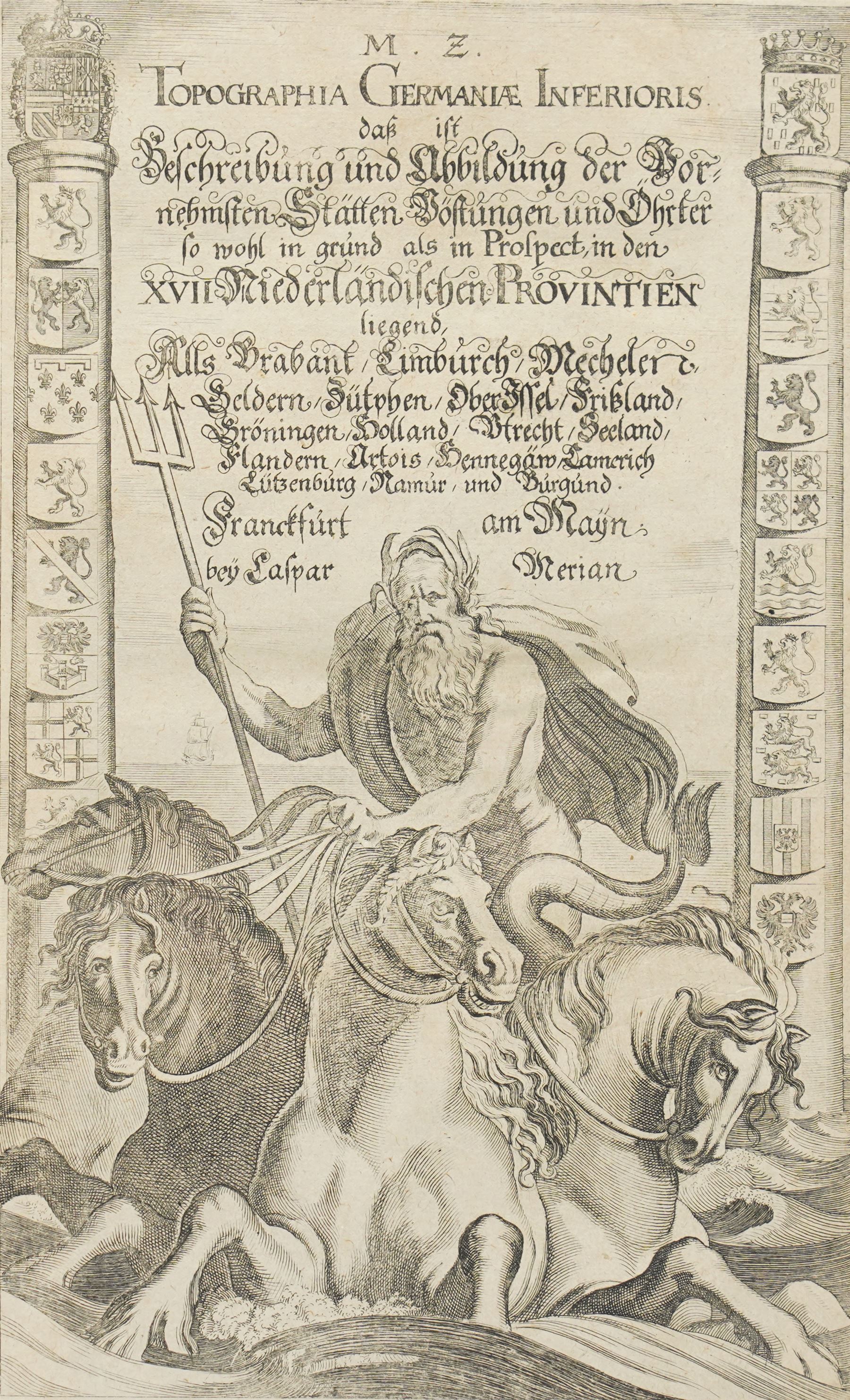 Matthäus Merian (Swiss 1593-1650): 'Topographia Germaniae Inferioris', 17th century engraved title page from the Topographia Germaniae series depicting Neptune in a sea chariot flanked by the coats of arms of the Seventeen Provinces, pub. by Caspar Merian, Frankfurt c.1659, with full margins 34cm x 20cm