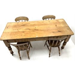 Victorian rectangular pine kitchen table, turned supports, single drawer (W189cm, H78cm, D81cm) and four spindle back chairs (W37cm)