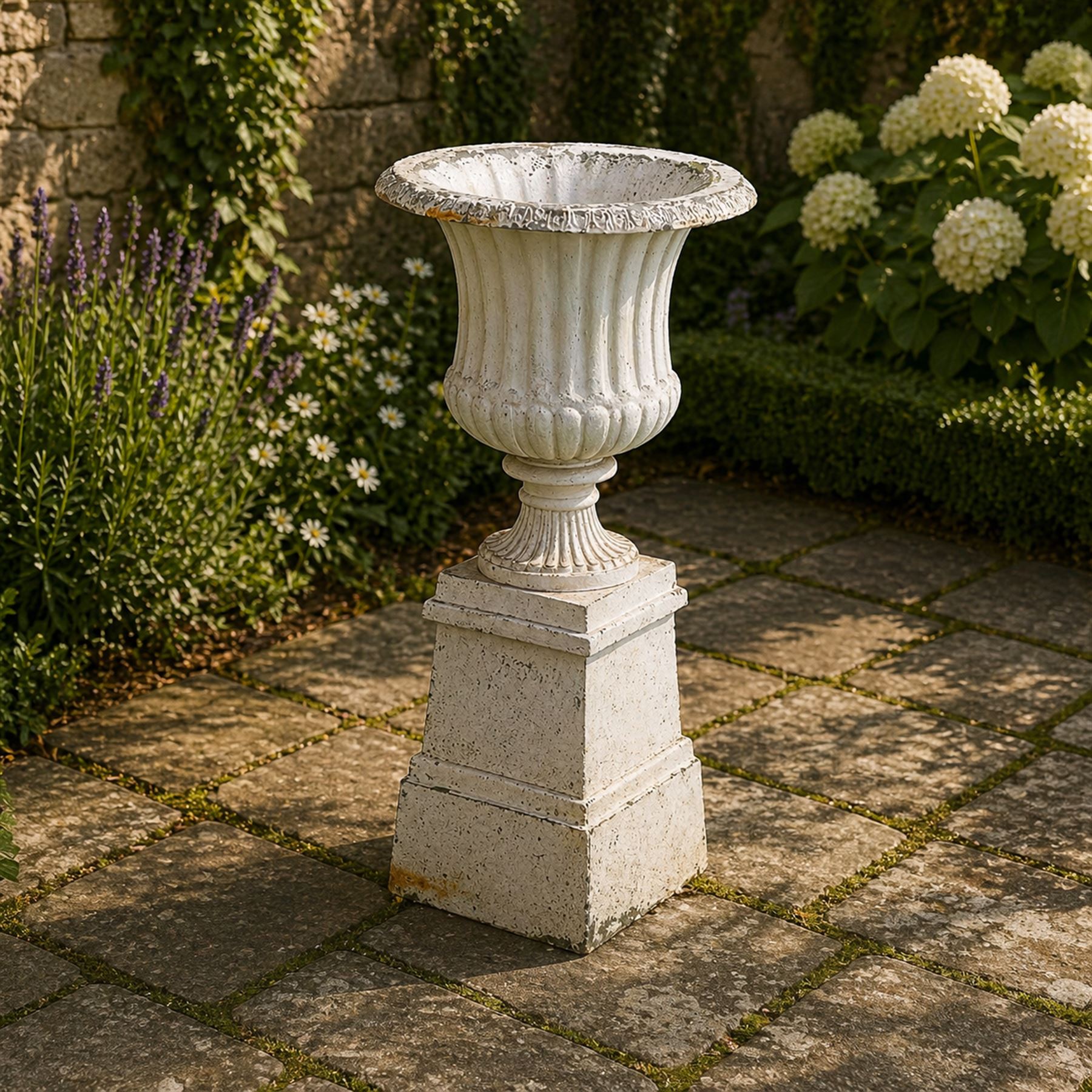 Victorian design white painted cast aluminium garden urn on plinth, fluted bowl on squat pedestal, tapering base