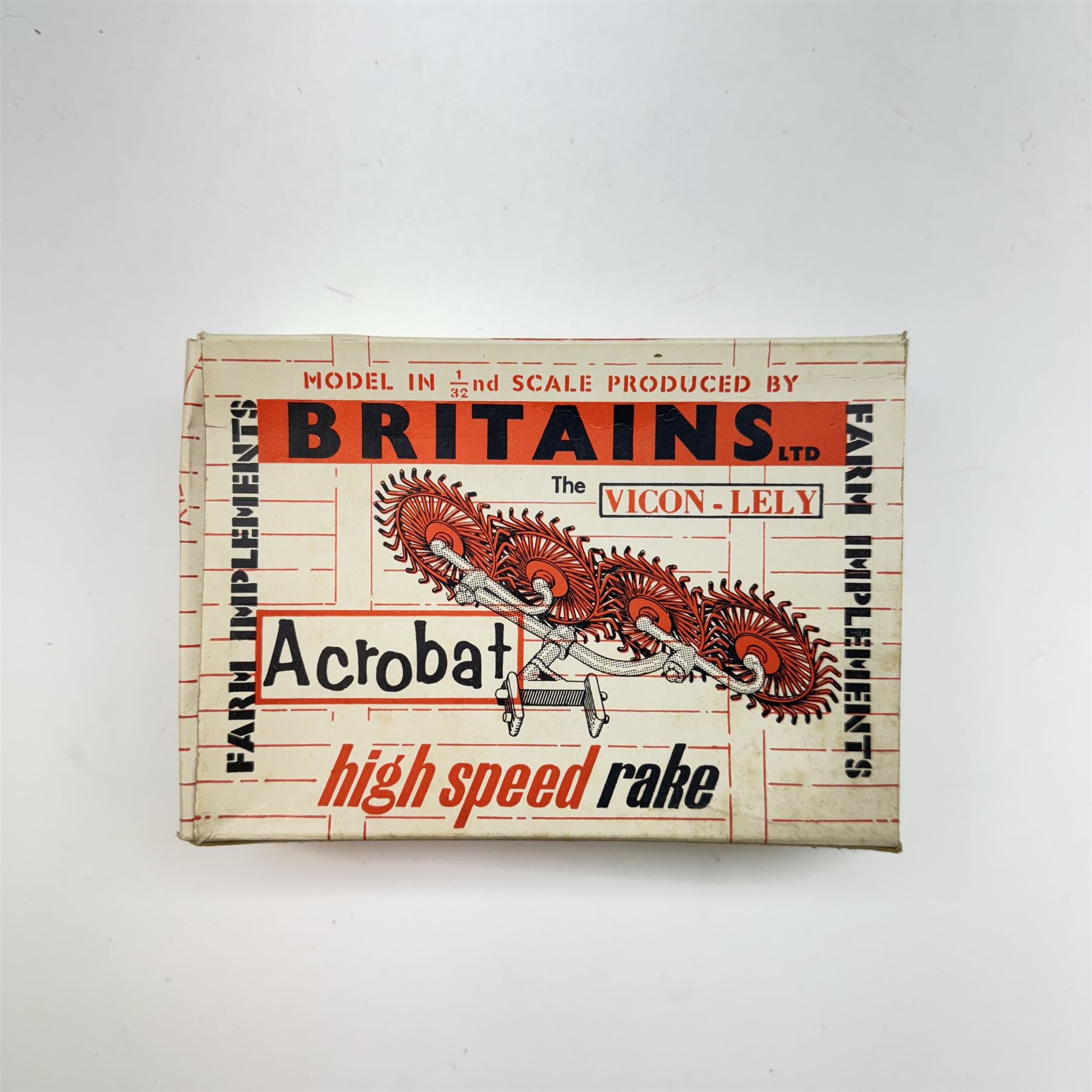 Britains 1:32 scale farm implements, vehicles and figures,  comprising 9563 Hay Baler, 9539 Seed Drill, 9534 Disc Harrow, 9537 Acrobat Rake, 9530 Three Furrow Plough, 9547 Horse Box with Horse, 9576 Farm Land Rover, 2078 male Rider with Horse, 9533 Roller, 9538 Vari-Spreader, 9536 Cultivator, three 1742 Hay Bales, 1740 Milk Churns and 1741 Sacks, all boxed, together with trees, walls, buildings and loose vehicles