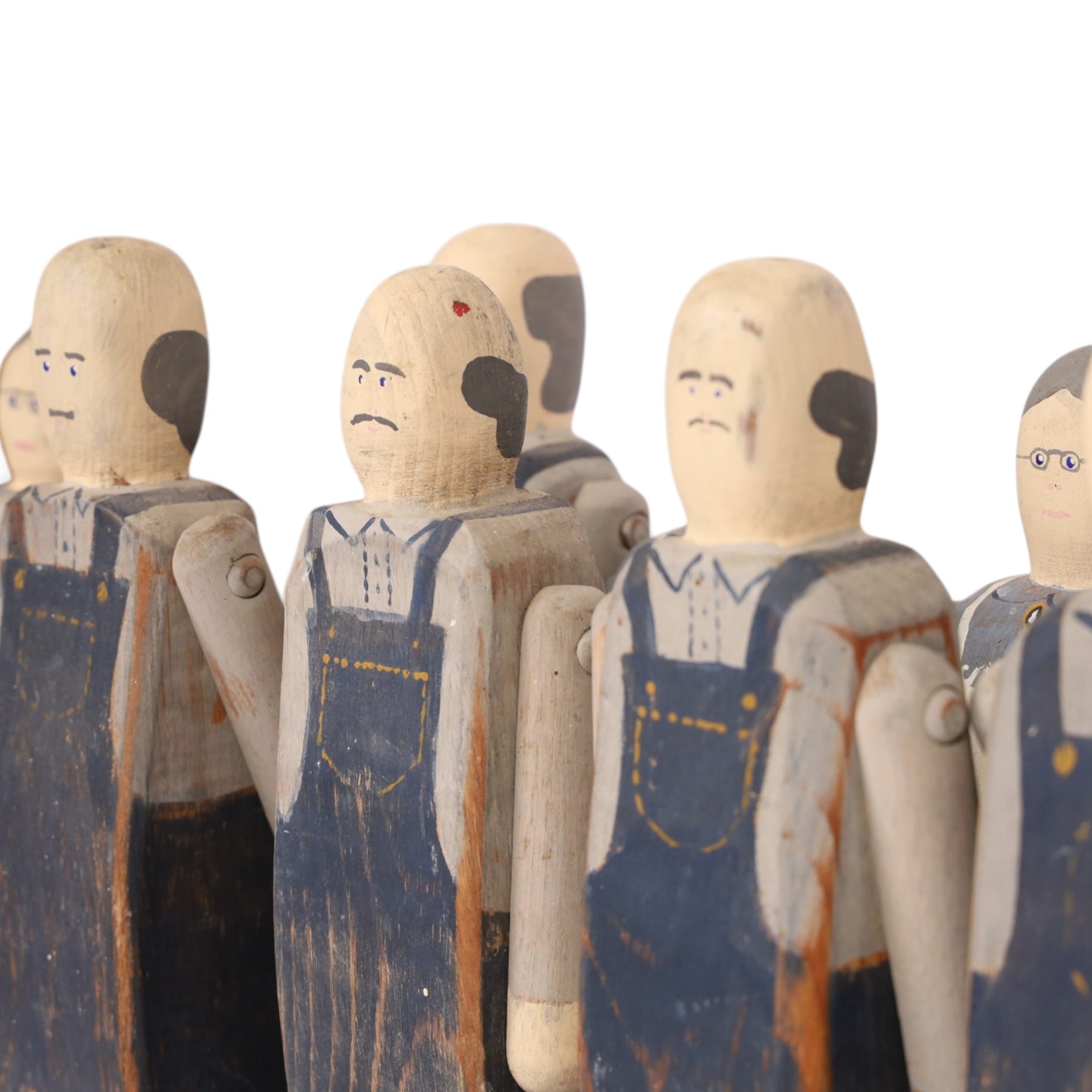 American Folk art figures with articulated arms, by Wolf Creek, makers mark and signatures beneath   