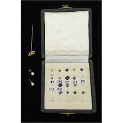 Loose vari-cut gemstones including blue and green sapphires, gold pearl stick pin stamped 15ct and a pair of 9ct gold pearl stud earrings