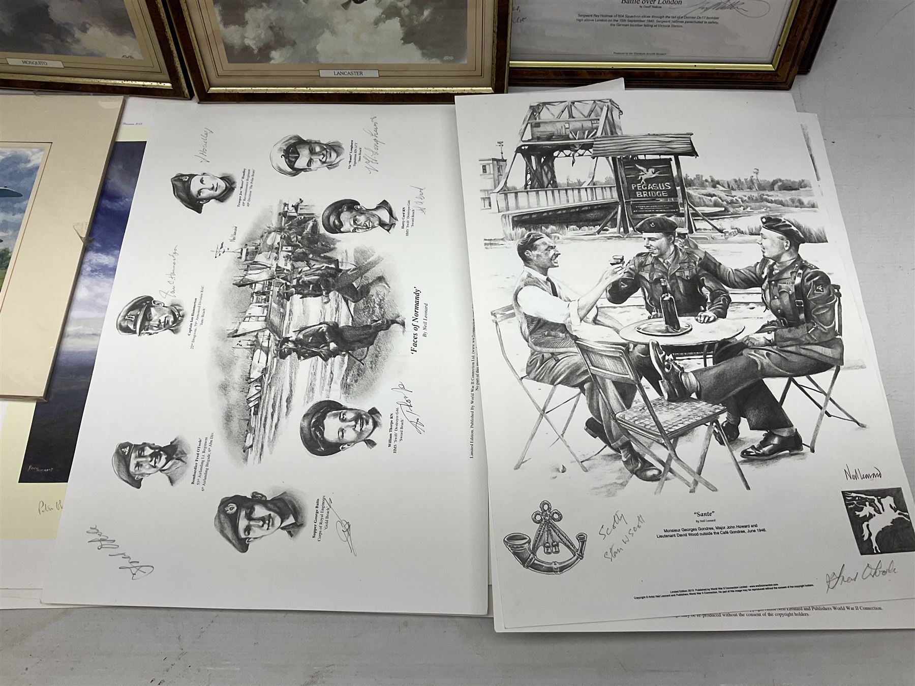 Collection of twenty-one unframed and seven framed prints of predominantly aviation interest after David Pritchard, Brian Petch, Stephen Teasdale, Barry Price, Coulson, Wardle etc; depicting Spitfires, Hurricanes etc; some limited editions with certificates and many bearing multiple signatures on the mount