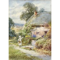 Henry John Sylvester Stannard (British 1870-1951): 'Who'll Buy?' Gypsy Girl at a Thatched Cottage Gate, watercolour signed and titled 24cm x 17cm