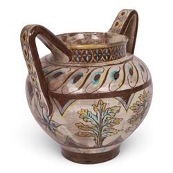 William De Morgan twin handled vase, sgraffito-decorated with turquoise and yellow trees, within a brown boarder, with a repeating floral boarder to the neck, with signed and impressed marks beneath, H21cm