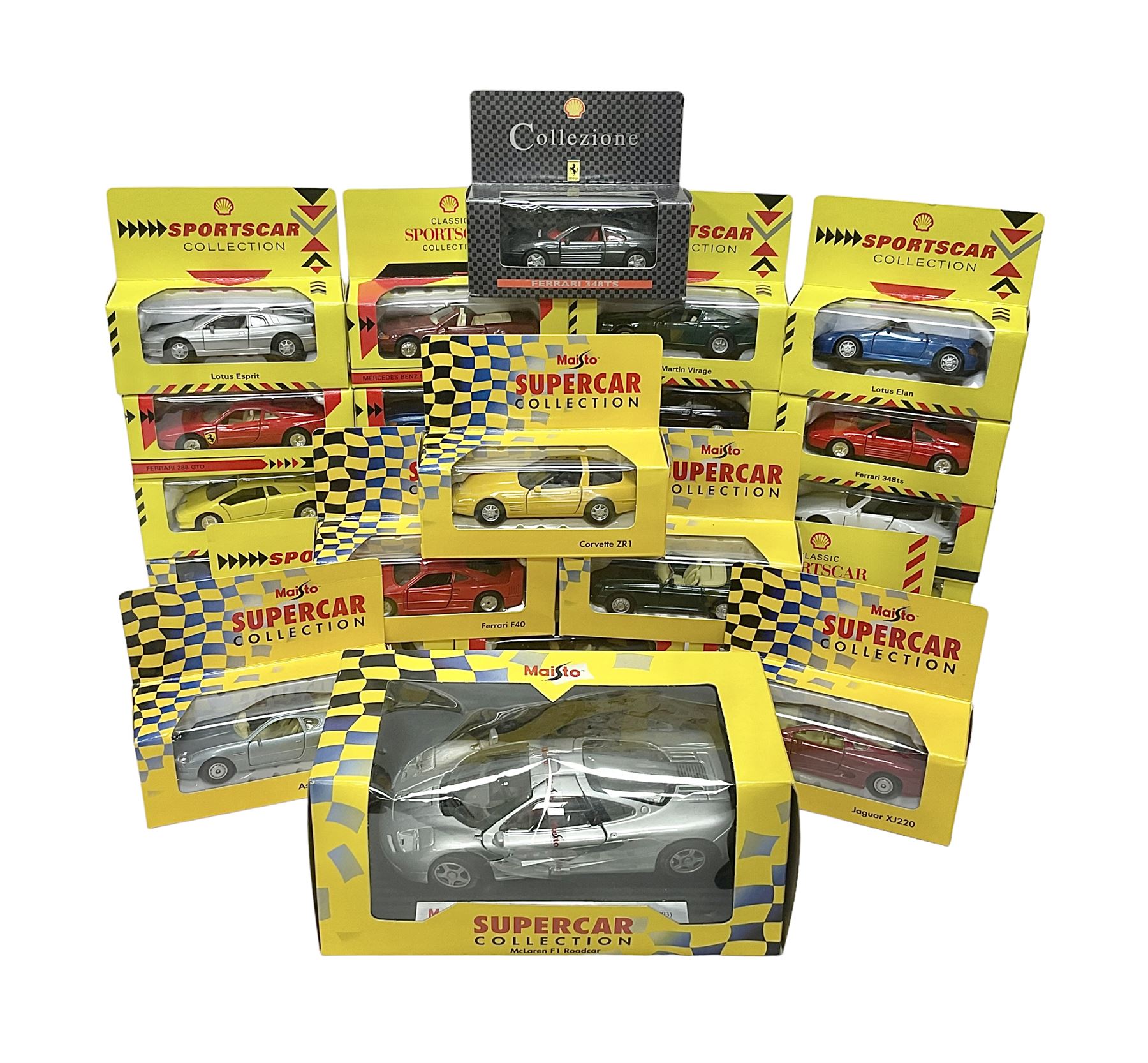 Shell/Maisto - twenty five 1:43 scale die cast cars comprising eighteen Shell and seven Maisto ‘Supercar Collection’ models with further 1:24 scale Maisto McLaren F1 model; all boxed (26) 