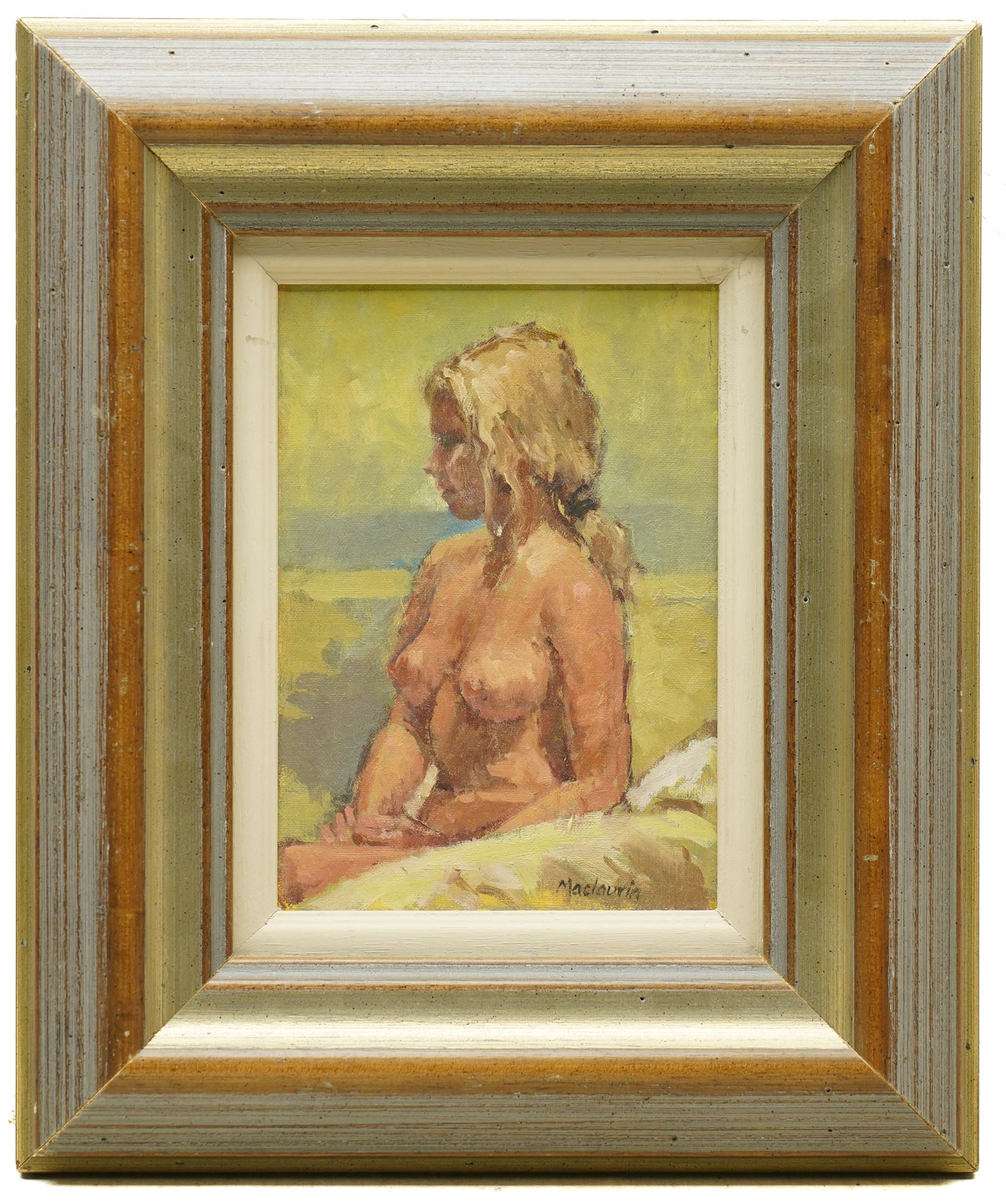 Pat Maclaurin (British 1933-2022): Nude Portrait of a Blonde Female on a Beach, oil on board signed 17cm x 12cm