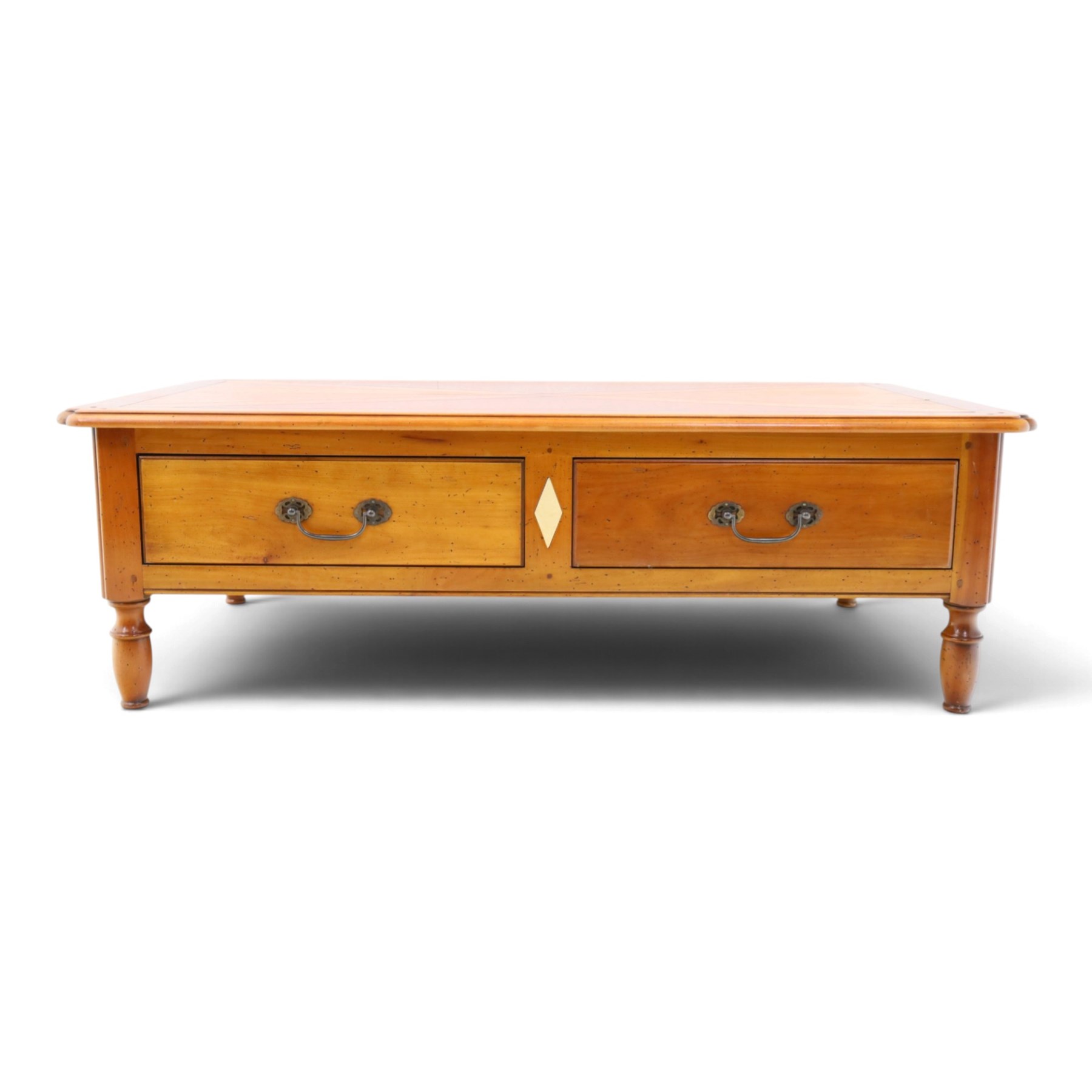 Wesley Barrell - French cherry wood coffee table, rectangular top inlaid with a geometric cross design, stone inlay with two frieze through drawers and metal drop handles, on short turned supports